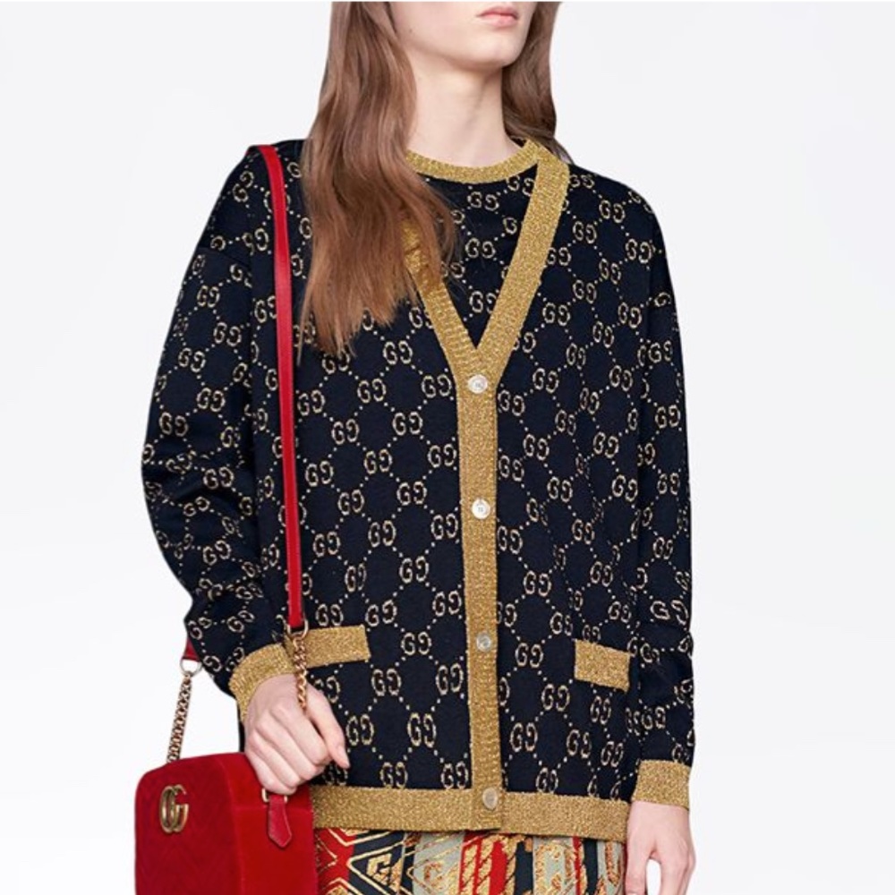 GUCCI $1600 Cardigan Gold and Blue Monogram Print XS